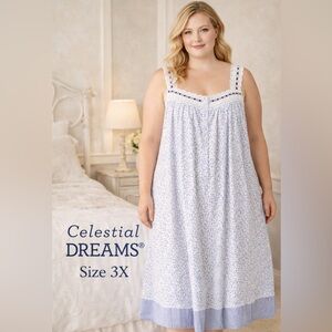 Celestial Dreams 3X Blue Floral Full Length Nightgown Lace Trim